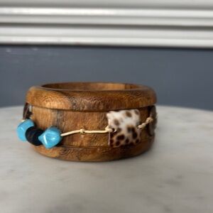Handcrafted Wooden Bracelet with Blue and Brown Accents